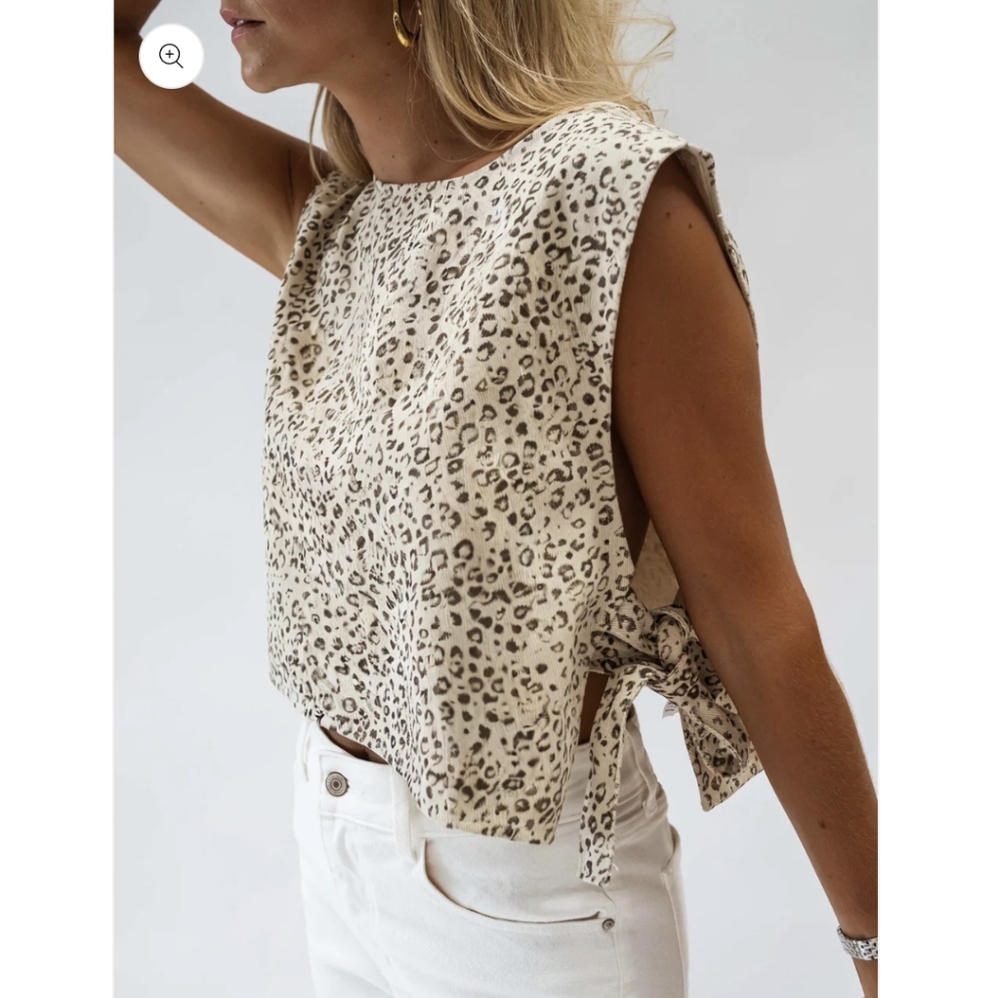 NWT Easy Clothes Sleeveless Top With Side Ties Leopard 100% Cotton O/S